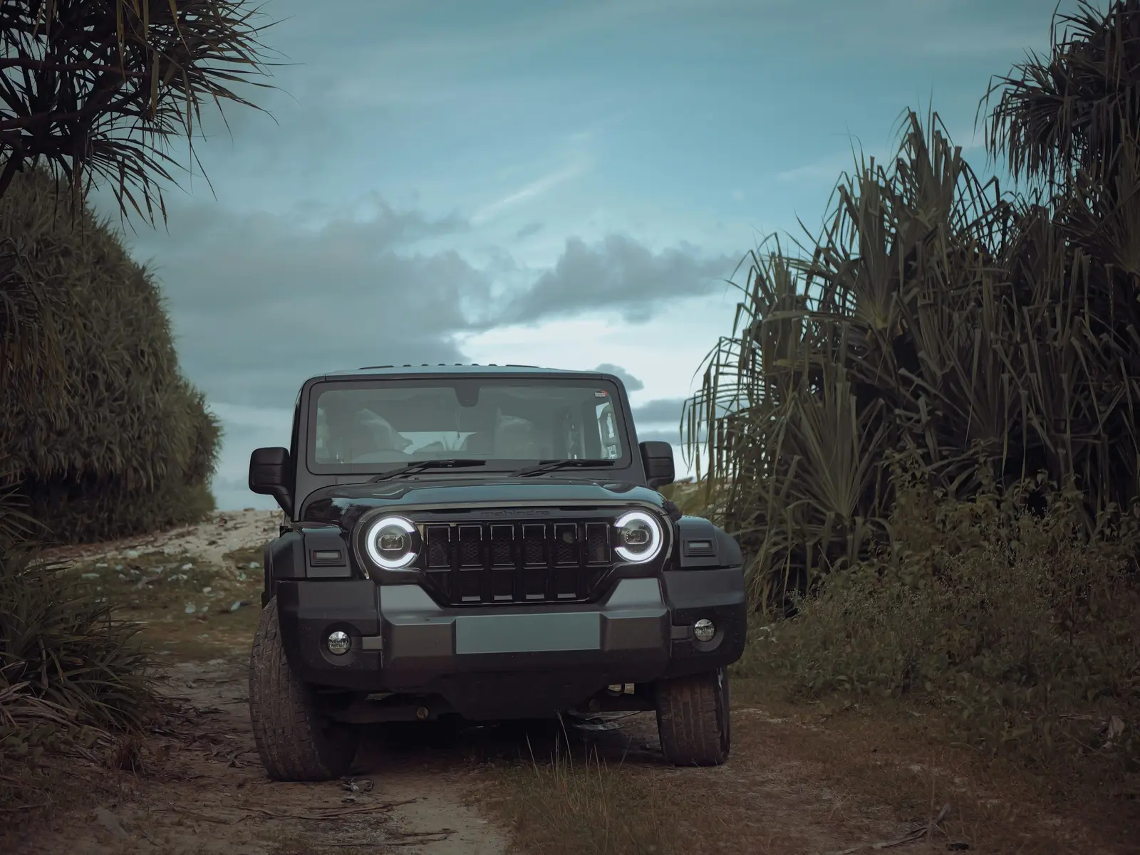 A rugged SUV parked on an unpaved back road lined with tropical plants, the kind of route where a 4x4 earns its cost