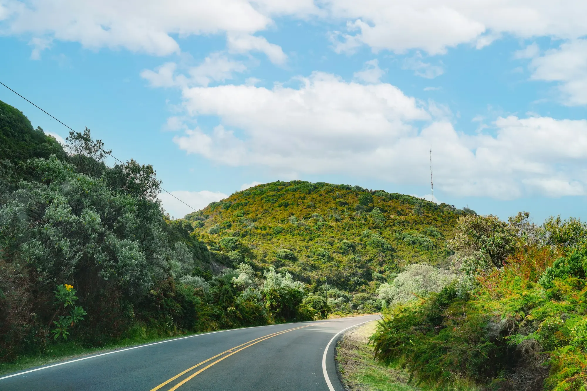 Paved highway curving through green tropical hills, the kind of road an Adobe car rental Costa Rica road trip covers