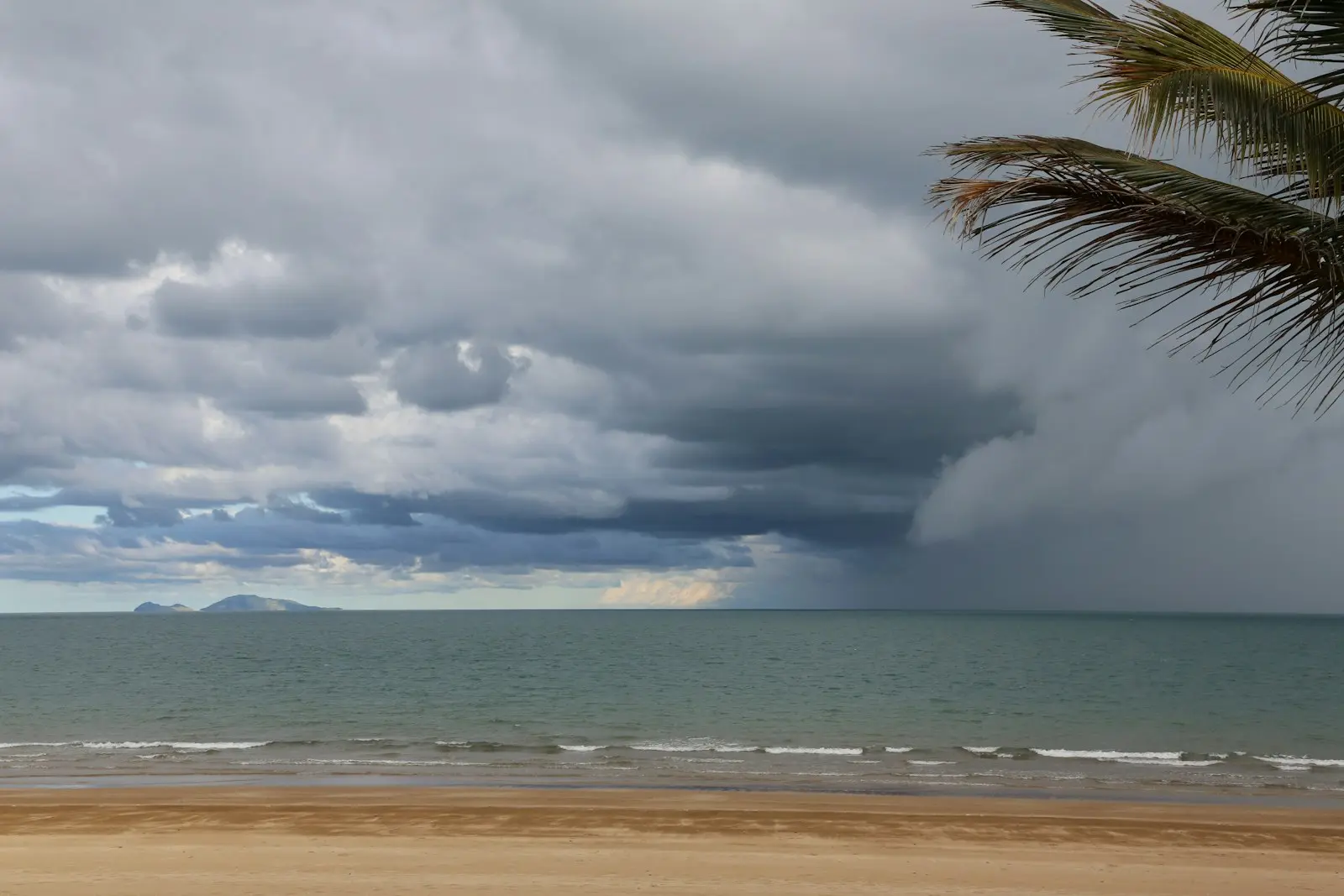 Storm clouds and an offshore rain squall over a palm-fringed tropical beach