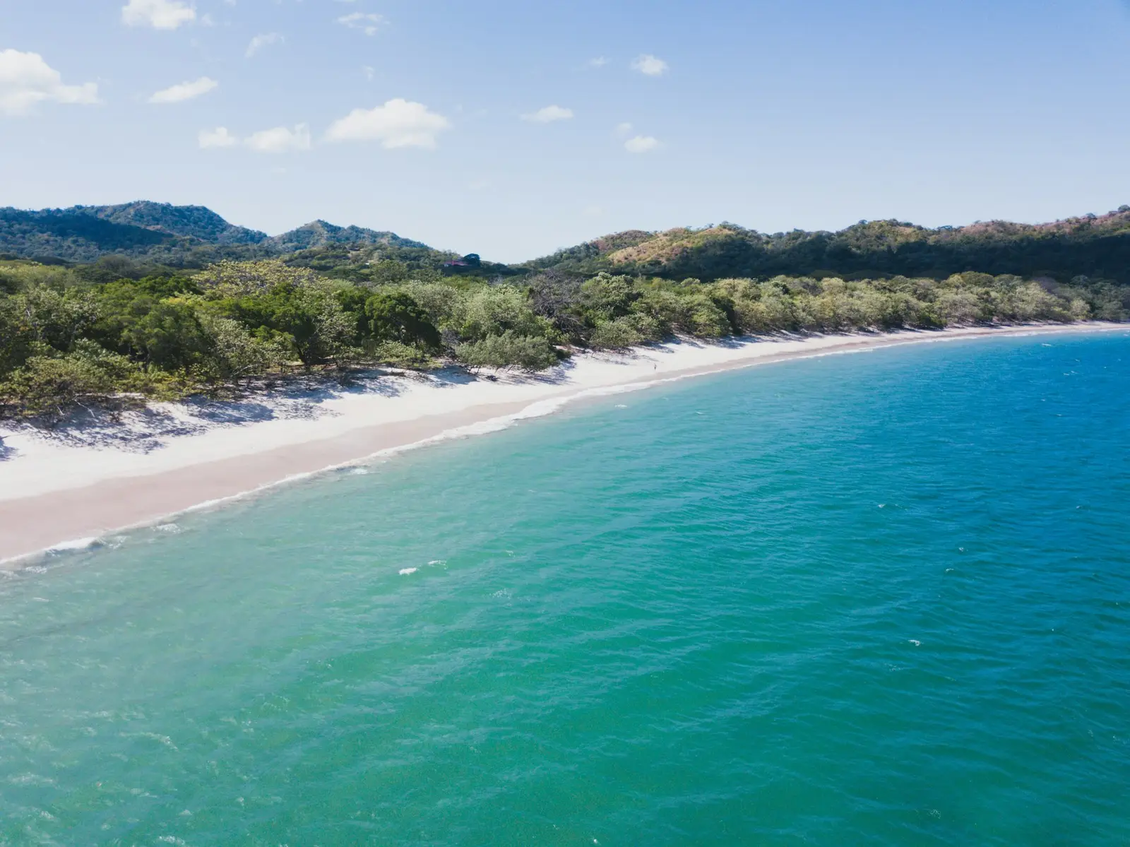 Pale sand and turquoise water along a tree-lined Guanacaste beach