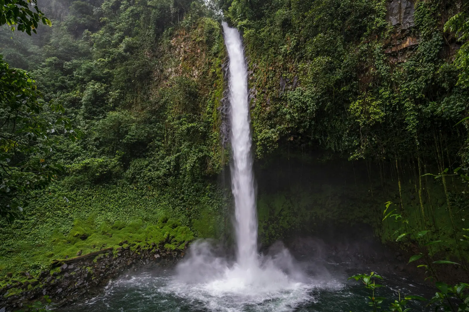 La Fortuna waterfall plunging into its pool inside a green rainforest canyon